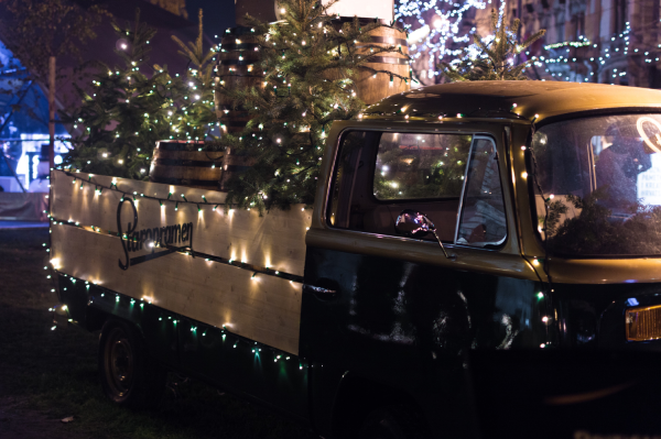 Delivery truck decorated with Christmas lights